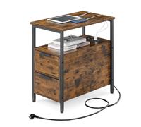 VASAGLE Mesa Auxiliar con Multienchufe, Mesita de Noche con 2 Cajones | Pequeña Mesa Fina con Almacenamiento, para Salón, Dormitorio, Marrón Rústico y negro mate, Colección BARNET LET325B01