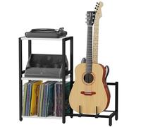 Mesa auxiliar con soporte para guitarra, soporte para tocadiscos, almacenamiento de discos de vinilo, soporte de guitarra de 2 niveles para guitarra acústica, eléctrica, bajo, mesa auxiliar para sala