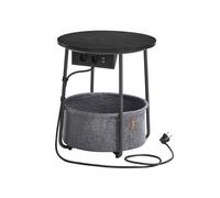 VASAGLE Mesa Auxiliar, Mesa Lateral Redonda con Tomas de Corriente, Cesta de Tela, Espaciosa, para Salón, Dormitorio, Mesita de Noche, Estilo Moderno, Negro Ébano y Gris Pizarra LET228B02