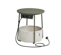 VASAGLE Mesa Auxiliar, Mesa Lateral Redonda con Tomas de Corriente, Cesta de Tela, Espaciosa, para Salón, Dormitorio, Mesita de Noche, Estilo Moderno, Verde Bosque y Blanco Crema LET228C05