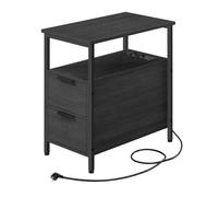 VASAGLE Mesa Auxiliar con Multienchufe, Pequeña Mesa Fina con 2 Cajones, Mesita de Noche con Almacenamiento, para Salón, Dormitorio, Gris Ahumado y Negro Clásico LET325B22