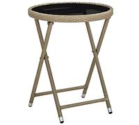 Mesa Auxiliar de Exterior, Mesa de Jardín con Estructura de Ratán Sintético y Cristal Templado, Plegable y Resistente a la Intemperie, para Terraza, Balcón o Camping, Color Beige, 60 x 75 cm