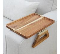 Mesa auxiliar de madera de acacia con clip para sofá, para aperitivos, bebidas y cenas de TV, 13.75 x 9.5 pulgadas, perfecta para sala de estar y uso doméstico