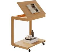 Mesa auxiliar en forma de C con ruedas giratorias de 360° y parte superior inclinable ajustable, mesa auxiliar móvil de madera maciza para sofá, mesita de noche, espacios pequeños, nogal rústico