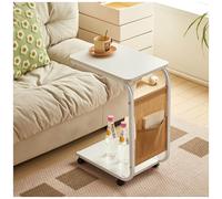 Mesa auxiliar en forma de C con ruedas, mesita de noche estrecha, mesa auxiliar de sofá con bolsillo para revistas, mesa de centro pequeña para dormitorio, sala de estar (blanco 45 x 30 x 65 cm)