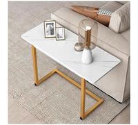 Mesa auxiliar estrecha con acabado blanco moderno en forma de C con marco de acero de mármol sintético, ideal para espacios pequeños, mesa auxiliar perfecta para sala de estar o dormitorio