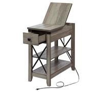 Mesa auxiliar estrecha con estación de carga, mesa auxiliar delgada Awescuti Farmhouse con almacenamiento para espacios pequeños, gris