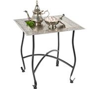 Mesa auxiliar marroquí de metal Sule 42 cm rectangular | Mesa de té redonda oriental pequeña con estructura plegable en negro | La bandeja de estas mesas plegables es oriental en plata