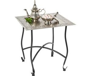 Mesa auxiliar marroquí de metal Sule 42 cm rectangular | Mesa de té redonda oriental pequeña con estructura plegable en negro | La bandeja de estas mesas plegables es oriental en plata