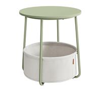 Mesa Auxiliar, Mesa Lateral Redonda con Cesta de Tela, Espaciosa, para Salón, Dormitorio, Mesita de Noche, Estilo Moderno, Verde Laurel y Blanco Crema