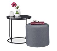 Relaxdays Mesa Auxiliar con Taburete, Mesita Café con Reposapiés Redondo, Metal-Cristal-Poliéster, 40x40cm, Negro y Gris