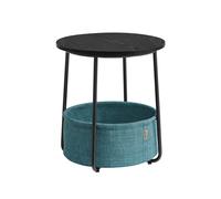 VASAGLE Mesa Auxiliar, Mesa Lateral Redonda con Cesta de Tela, Espaciosa, para Salón, Dormitorio, Mesita de Noche, Estilo Moderno, Negro Ébano y Azul Turquesa LET223B56