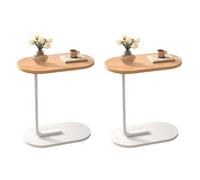 Mesa Auxiliar Ovalada escandinava de Madera con Base de Pedestal de Hierro - 60 cm de Alto. Pequeño Mueble de sofá, mesita de Noche, rincón de té, Color Natural/Blanco. 2 Piezas: 45 cm de Largo x 30