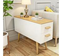 Mesa auxiliar para sofá, gabinete de almacenamiento con 2 cajones, gabinete de esquina abatible, patas de madera maciza, orificios para gestión de cables, adecuado para s White + Natural 100cm/39.4in