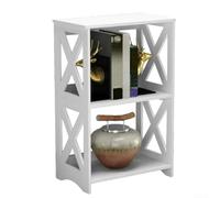 Mesa auxiliar pequeña con 3 estantes de almacenamiento, mesita de noche con marco doble en X y tablero de PVC impermeable, diseñada para una organización eficiente en habitaciones pequeñas