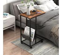 Mesa auxiliar pequeña y estrecha con revistero, mesita de noche delgada con espacio de almacenamiento para espacios pequeños, marco de metal marrón rústico, ideal para sala de estar, dormitorio (marr