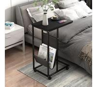 Mesa auxiliar pequeña y estrecha con revistero, mesita de noche delgada con espacio de almacenamiento para espacios pequeños, marco de metal marrón rústico, ideal para sala de estar, dormitorio (negr