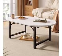 Mesa auxiliar plegable, portátil, patas de metal, resistente, mesa plegable para sentarse en el suelo, mesas de cóctel ovaladas modernas y minimalistas, mesas bajas sin montaje (blanco cálido, 31 x 31