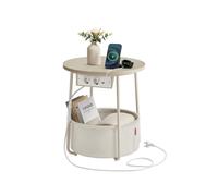 VASAGLE Mesa Auxiliar, Mesa Lateral Redonda con Cesta de Tela y Regleta, Espaciosa, para Salón, Dormitorio, Mesita de Noche, Estilo Moderno, Beige Natural y Blanco Crema LET228LL01