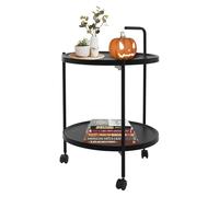 Mesa auxiliar redonda de 2 niveles Negro,Reflexiones ergonómicas Mesa de té de metal,Mesita de noche con un mango y 3 ruedas universales,Bordes elevados Mesa de sofá de esquinas redondeadas para sala