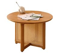 Mesa auxiliar redonda de madera para sala de estar con soporte cruzado, ratán tejido a mano, acabado cerezo, 23.6 x 23.6 x 15.7 pulgadas, muebles elegantes y para el hogar