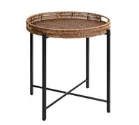 Mesa auxiliar redonda de ratán, mesa auxiliar pequeña negra, mesa de acento, mesita de noche moderna bohemia, mesa auxiliar de patio, oficina, balcón (20 pulgadas)