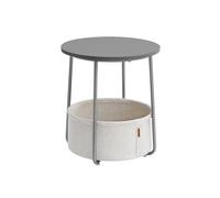 VASAGLE Mesa Auxiliar, Mesa Lateral Redonda con Cesta de Tela, Espaciosa, para Salón, Dormitorio, Mesita de Noche, Estilo Moderno, Gris Cemento y Blanco Crema LET223G49