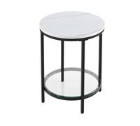 VASAGLE Mesa Auxiliar Redonda de 2 Niveles, Mesita de Noche, Encimera de Aglomerado y Estante de Vidrio Templado, para Salón, Dormitorio, Estudio, Minimalista Moderna, Blanco Mármol y Negro LET285B13