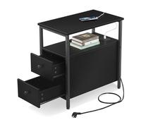 Mesa Auxiliar Relaxdays con enchufes, USB, 2 cajones, (61 x 35 x 60 cm), mesita de Noche Cuadrada, Negra