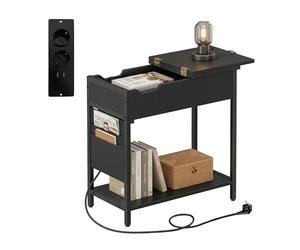Mesa Auxiliar Relaxdays con enchufes, USB y Bolsillo Lateral; (Al x An x F) 60 x 60 x 31,5 cm; mesita de Noche; Negro