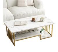 Mesa auxiliar rústica con almacenamiento, moderna mesa rectangular de madera de mármol sintético, para sala de estar, cóctel, elegante diseño de luna llena