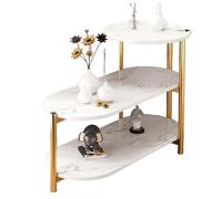 Mesa Auxiliar Sofa, Mesa Auxiliar Salon, Con Estantería De Madera De 3 Niveles, Tablero Con Chapa De Mármol, Con 4 Patas Metálicas De Acero Al Carbono, Para Dormitorio, Blanco, Negro(B,85X40X62CM)