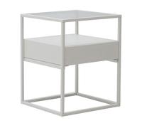 [en.casa] Mesa Auxiliar Vissenbjerg con Cajón Mesilla de Noche Versátil Cuadrada para Salón Dormitorio Cristal Templado y Acero 51 x 40 x 40 cm - Blanco Mate
