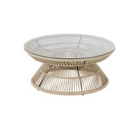 Mesa baja de jardín redonda de cuerda beige y vidrio D.80 cm