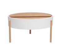 Mesa baja redonda blanca y madera clara de fresno con plato giratorio y almacenaje D80 cm YOLINE