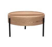 Mesa baja redonda de madera clara de fresno y metal negro con plato giratorio y almacenamiento D80 cm YOLINE
