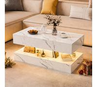 Mesa baja, Tavolino da Salotto LED 100 x 50 x 45 cm, almacenamiento dessimulado, elegante Effetto Marmo Nero con 2 Cassetti e Ripiano Aperto, diseño moderno con Spazi di Archiviazione (blanco, Style H