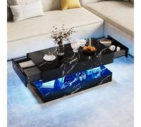 Mesa baja, Tavolino da Salotto LED 100 x 50 x 45 cm, almacenamiento dessimulado, elegante Effetto Marmo Nero con 2 Cassetti e Ripiano Aperto, diseño moderno con Spazi di Archiviazione (negro, Style H)