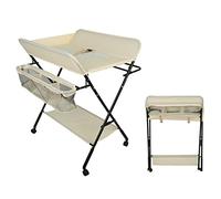 Mesa cambiador plegable, multifuncional con cesta de almacenamiento y barra de ropa, ajustable en altura, 4 ruedas universales con pausa (Beige)