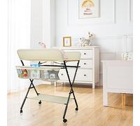 Mesa cambiador plegable y portátil, mesa cambiador plegable con cesta de almacenamiento, lateral, carga máxima 25 kg para recién nacidos, diseño ergonómico (beige)