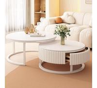 Mesa Centro Salón Blanca Con Cajón De Almacenamiento - Redonda, Moderna, Sobremesa De Mármol, Diseño Retráctil, Armazón Metálico Para Dormitorio, Oficina