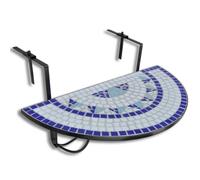 Mesa colgante balcón mosaico azul blanco cerámica hierro plegable 18 cm | Bandeja cerámica fácil limpiar, marco de hierro estable, fijación barandilla 18 cm, plegable compacto, uso interior o balcón