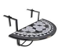 Mesa colgante de balcón plegable de hierro y cerámica mosaico negro | Diseño semicírculo, fijación barandilla de 18 cm máximo, plegado fácil, mantenimiento simple, hierro resistente