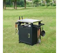 Mesa con Carrito para Parrilla para Exterior con Tapa de Acero Inoxidable, estación de preparación de Barbacoa móvil de 111cm con gabinete de Almacenamiento, Soporte y Cubierta para Bolsa de Bas 2PCS