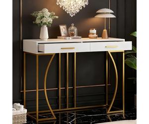 Mesa consola de 120 × 38 × 76 cm en blanco/oro | con 2 cajones y construcción ligera | mesa auxiliar de lujo como mesa de sofá | elegante mueble de pasillo