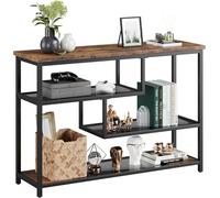 Mesa consola de 4 niveles, mesa auxiliar con compartimentos abiertos, mesa de entrada estrecha con estantes de cristal y marco de metal, mesa de pasillo industrial para salón, vestíbulo, dormitorio,