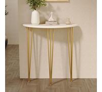 Mesa consola de entrada semicircular de madera de pino montada en la pared con marco de hierro resistente, perfil delgado y estrecho para pasillos, salas de estar y almacenamiento de espacio pequeño