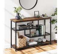Mesa consola de pasillo, mesa de entrada con 4 estantes, estantería de pie con estantes de cristal y marco de metal, mesa compacta para sofá con compartimentos abiertos, mesa auxiliar estrecha de