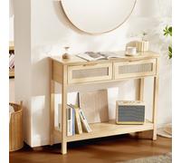 VEVOR Mesa Consola de Ratán con 2 Cajones de Almacenamiento y 1 Estante, Mesa de Entrada de Ratán con Puerta Corrediza de Ratán Natural para Sala de Estar, Entrada o Pared de TV, Color Madera