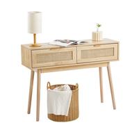 VEVOR Mesa Consola de Ratán con 2 Cajones de Almacenamiento, Mesa de Entrada de Ratán con Puerta Corrediza de Ratán Natural, Mesa Consola para Sala de Estar, Entrada o Pared de TV, Color Madera